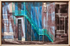 Social Realist GREEN STAIRS Architectural Street Scene Landscape Oil Painting