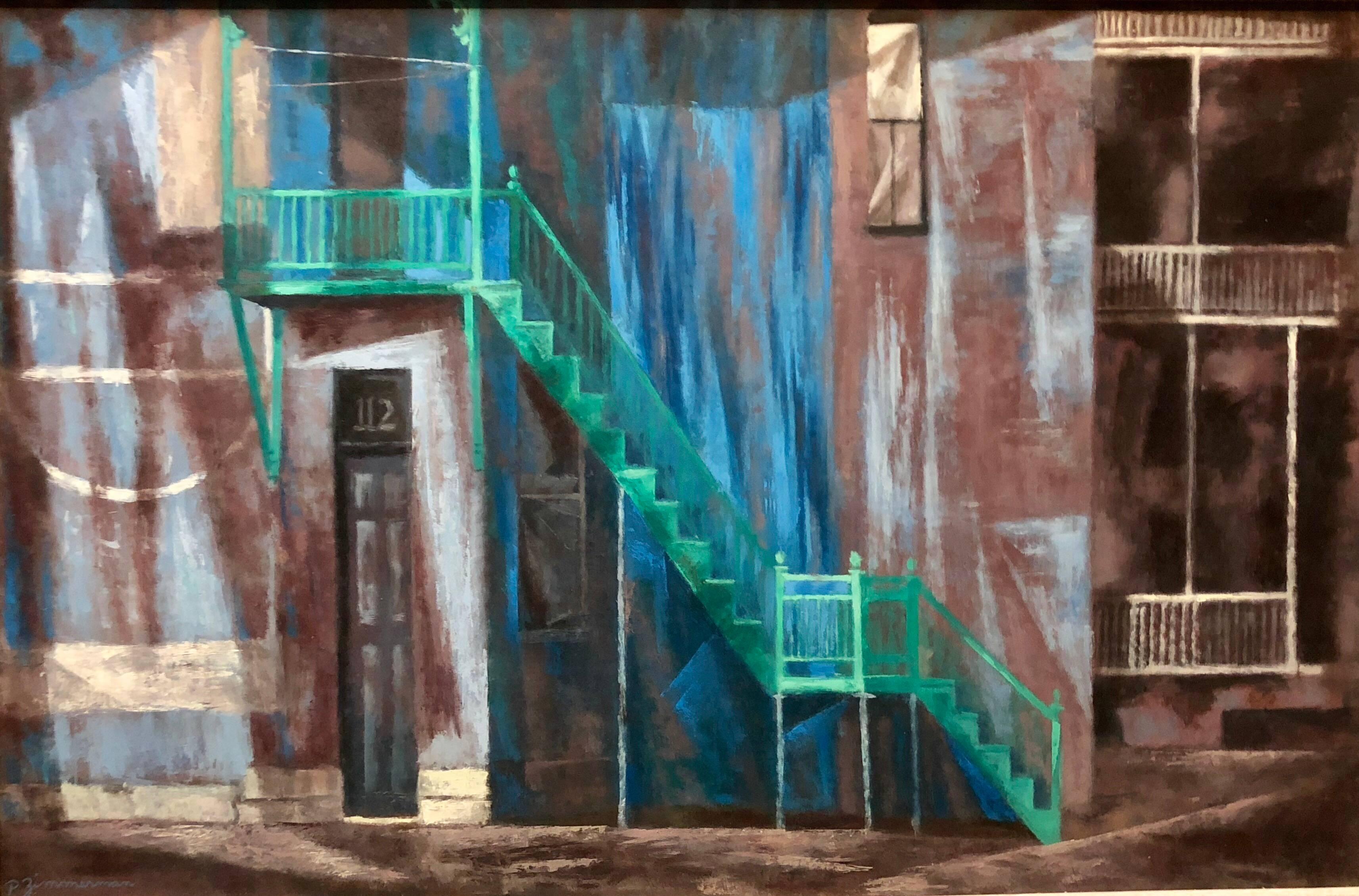 Peinture à l'huile - Scène de paysage architecturale de rue réaliste sociale GREEN STAIRS