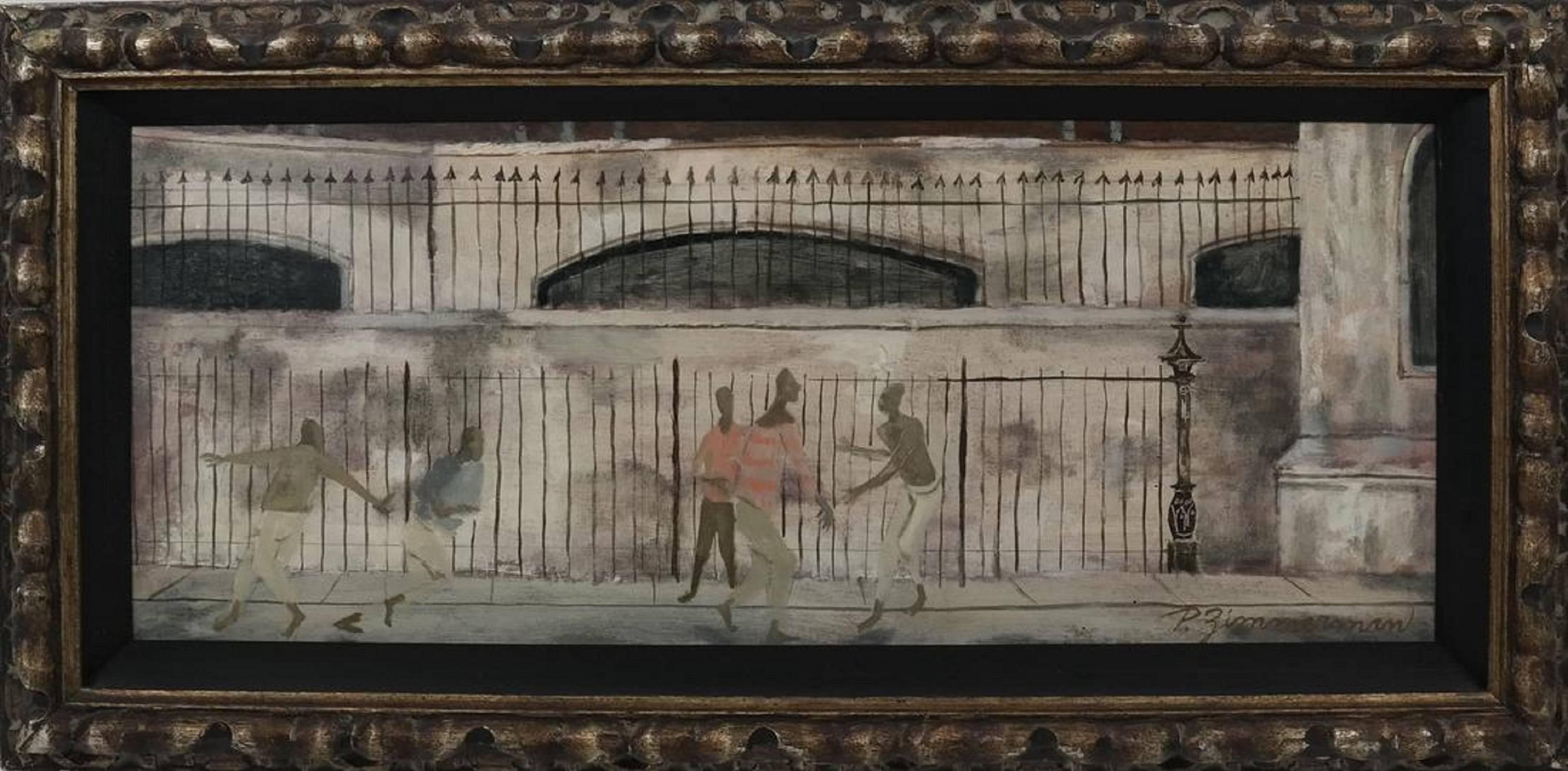 Figurative Painting de Paul Zimmerman - Escena callejera social realista de jóvenes jugando (afroamericana)