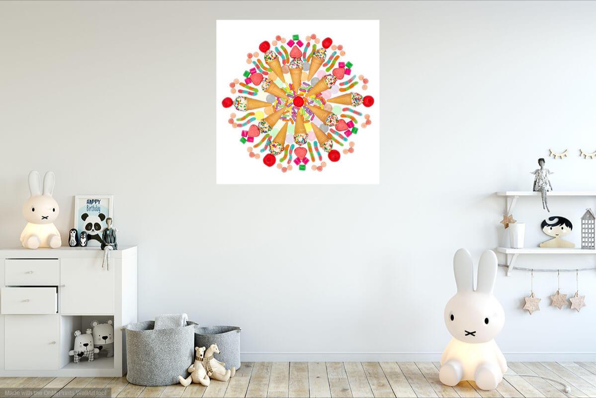 These limited edition photographs are Mandalas made from pieces of Candy or ice cream or toys or gems or fruit.  The Mandala is 20x20 with a white frame in a 24x24 framed size.  It is also available with plexifacemount framing.  It is an edition of