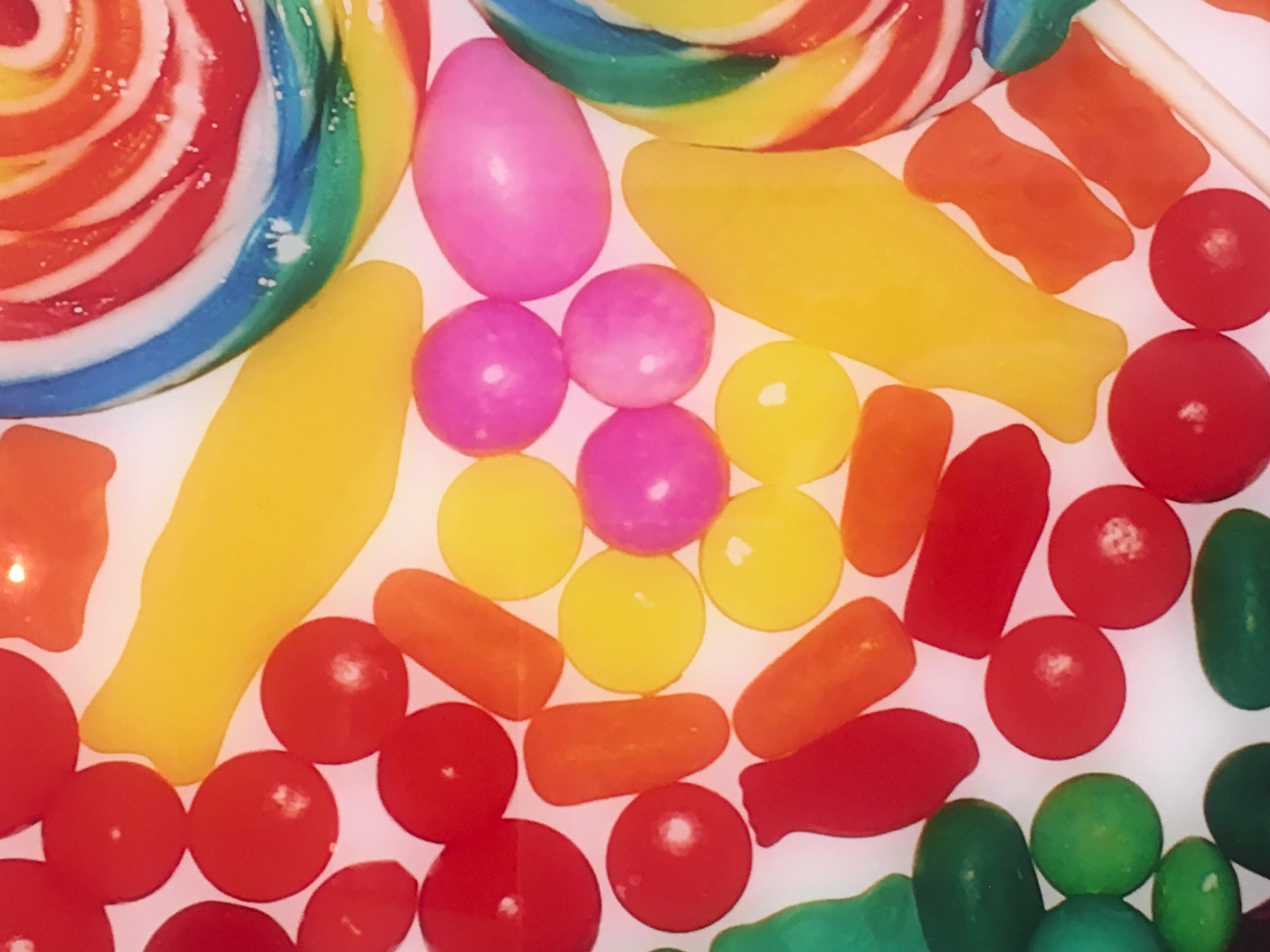 These limited edition photographs are created with pieces of Candy or toys or fruit.  Whirly Pop is filled with colorful lollipops, Swedish Fish, Gummy Bears, Chocolate Kisses and more.  It is a 30x30 plexifacemount, signed and numbered.  It is an