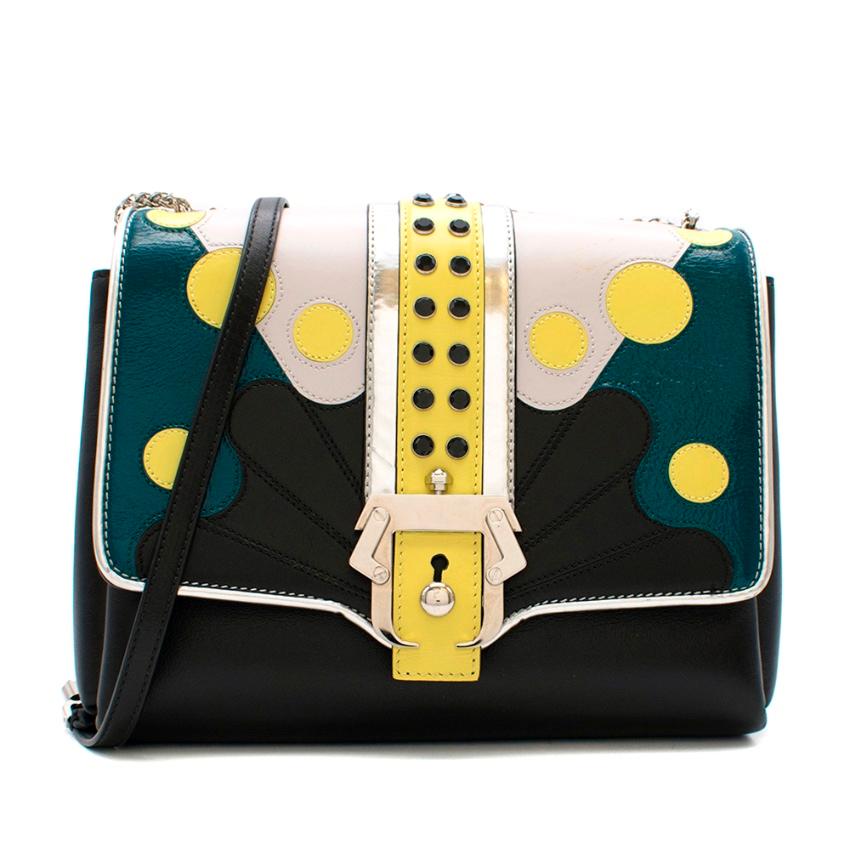 Paula Cademartori Black Leather Alice Shoulder Bag 

- Multicoloured Design with Black Base 
- Single or Double Strap for shoulder or cross body 
- Back Pocket with magnetic clasp closure 
- Front Fold and magnetic clasp closure 
- Three internal