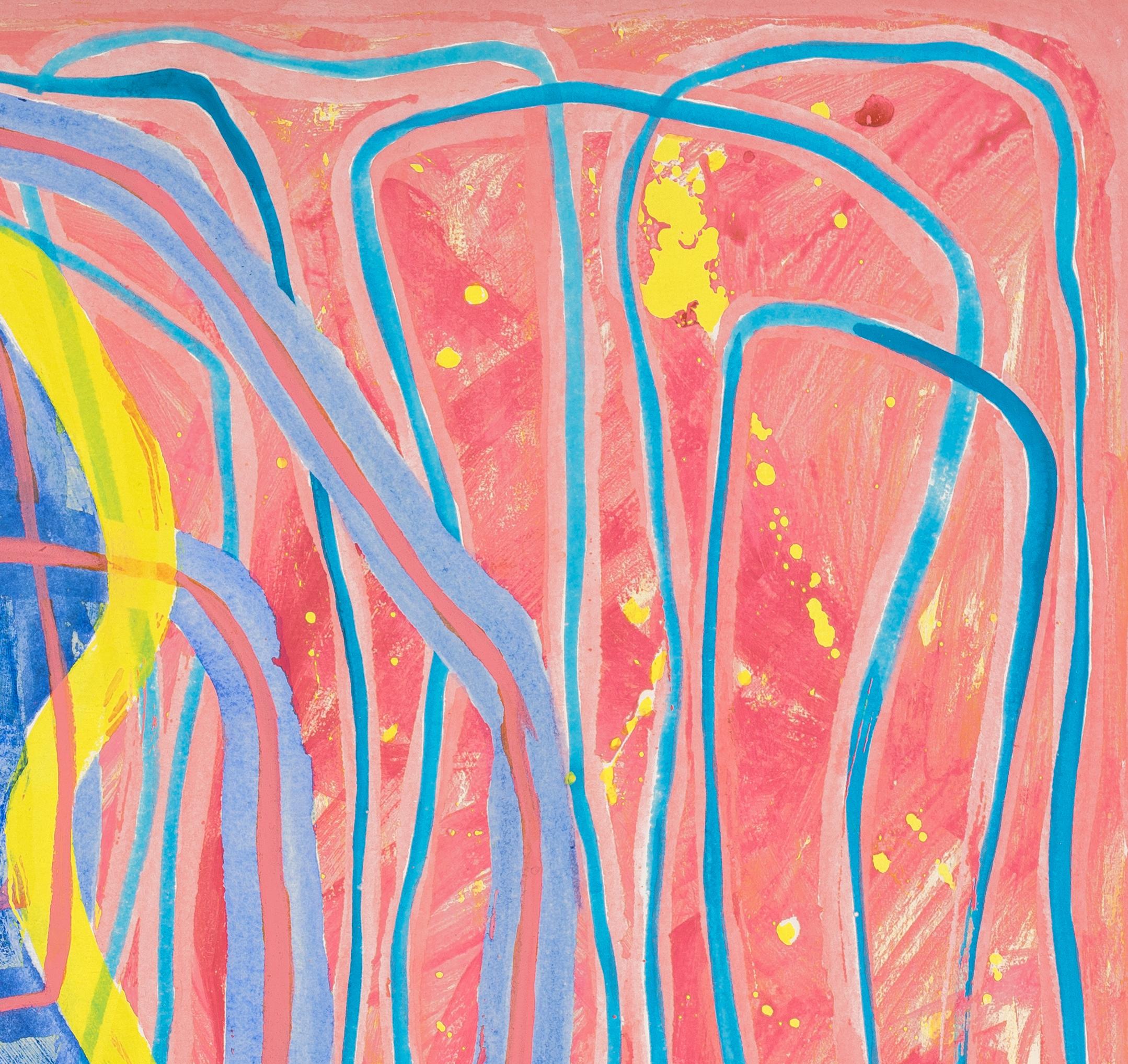 0103 : peinture gestuelle abstraite contemporaine avec des lignes jaunes, roses et bleues - Painting de Paula Cahill