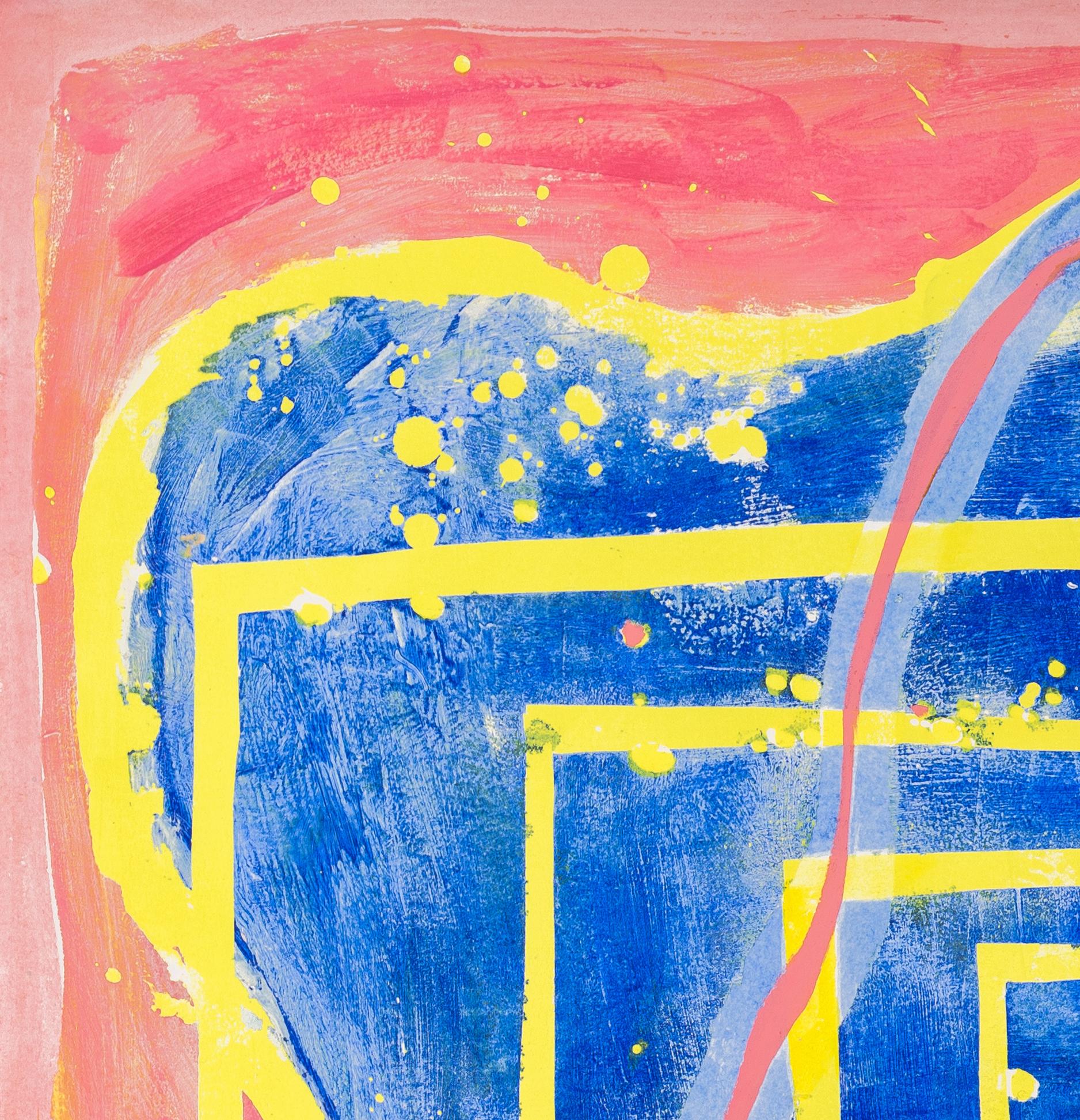 0103 : peinture gestuelle abstraite contemporaine avec des lignes jaunes, roses et bleues - Abstrait Painting par Paula Cahill