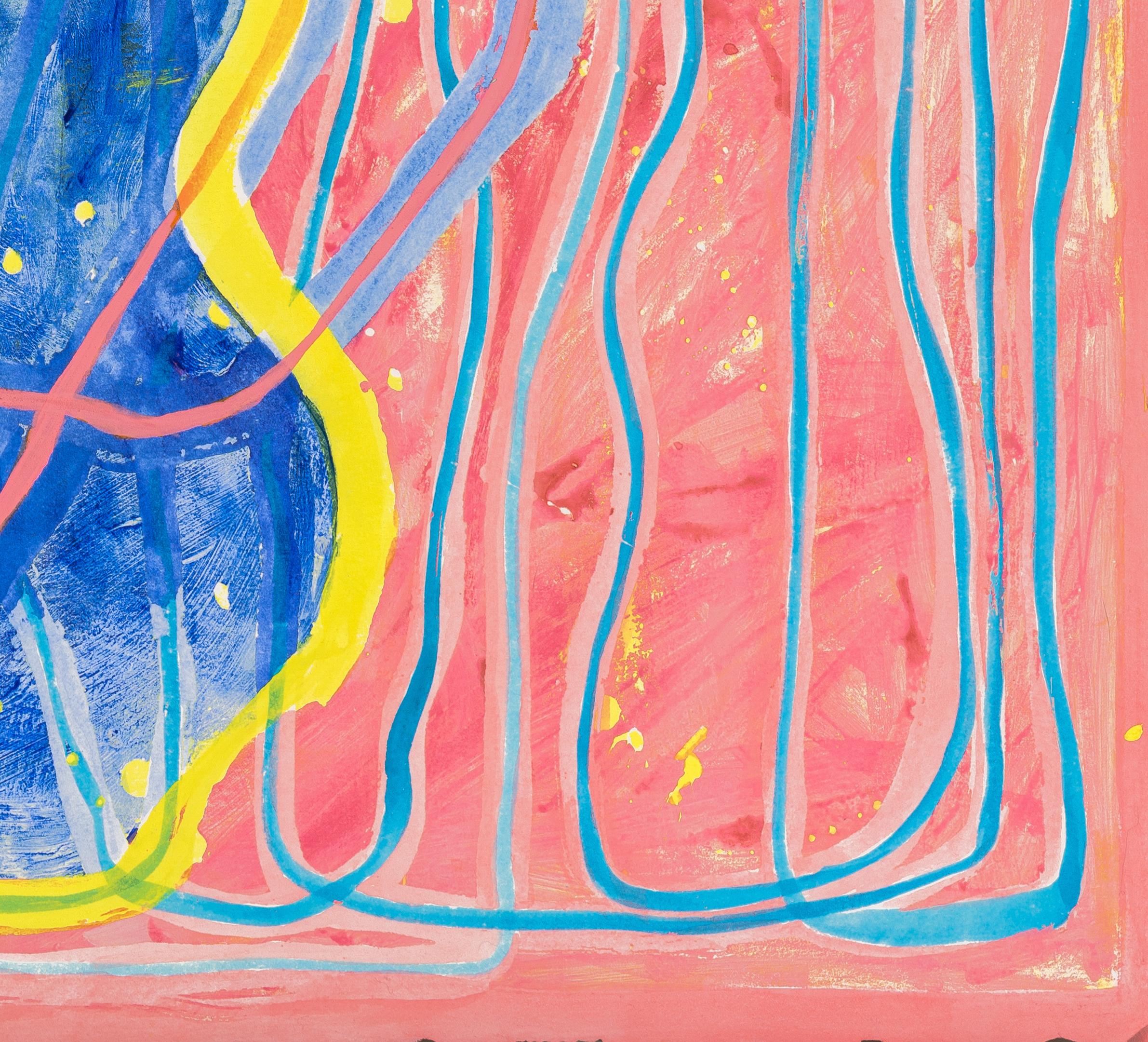 0103 : peinture gestuelle abstraite contemporaine avec des lignes jaunes, roses et bleues - Beige Abstract Painting par Paula Cahill