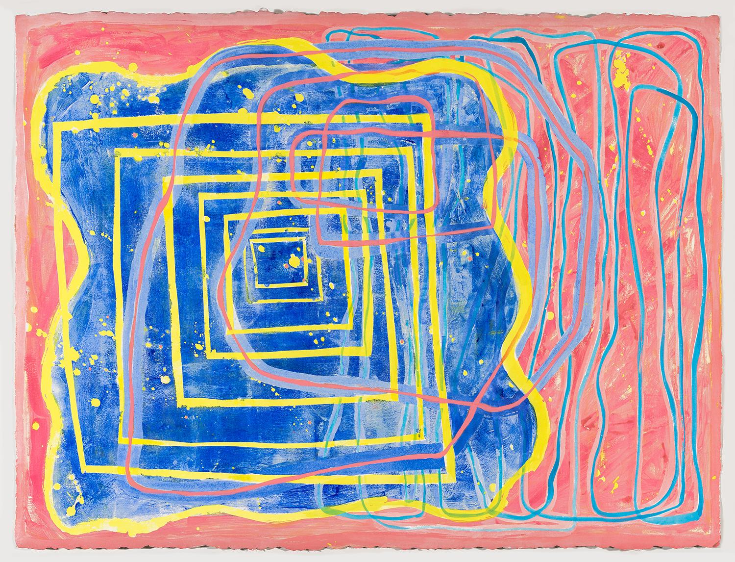 0103: contemporary abstract gestural painting w/ yellow, pink & blue lines