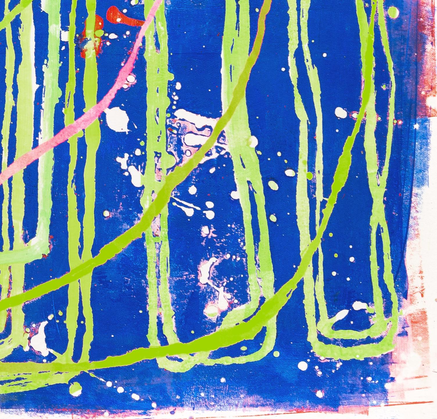 0105: contemporary abstract gestural painting w/ green, red & pink lines on blue - Art by Paula Cahill