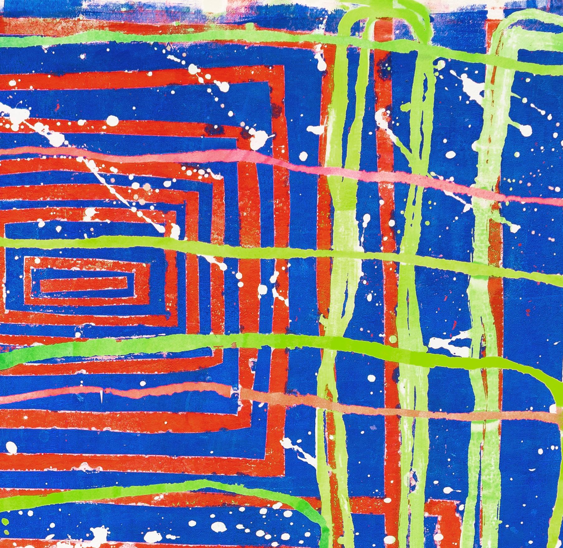 0105: zeitgenössisches, abstraktes, gestisches Gemälde mit grünen, roten und rosa Linien auf Blau (Beige), Abstract Drawing, von Paula Cahill