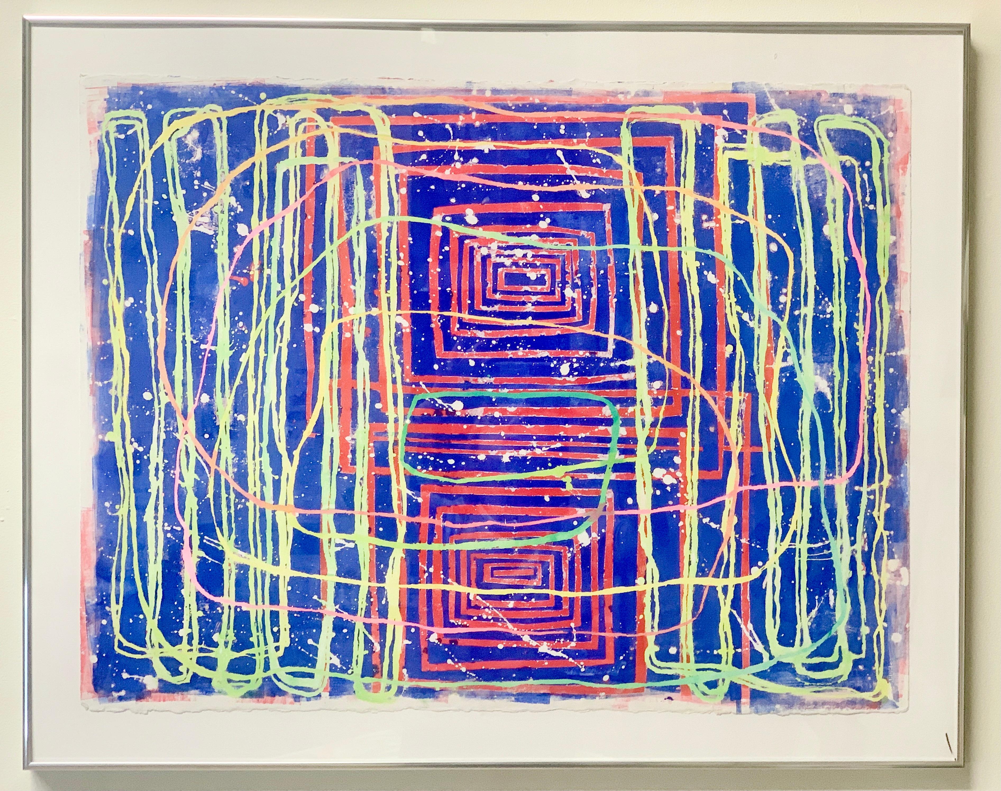 0105: contemporary abstract gestural painting w/ green, red & pink lines on blue - Abstract Art by Paula Cahill