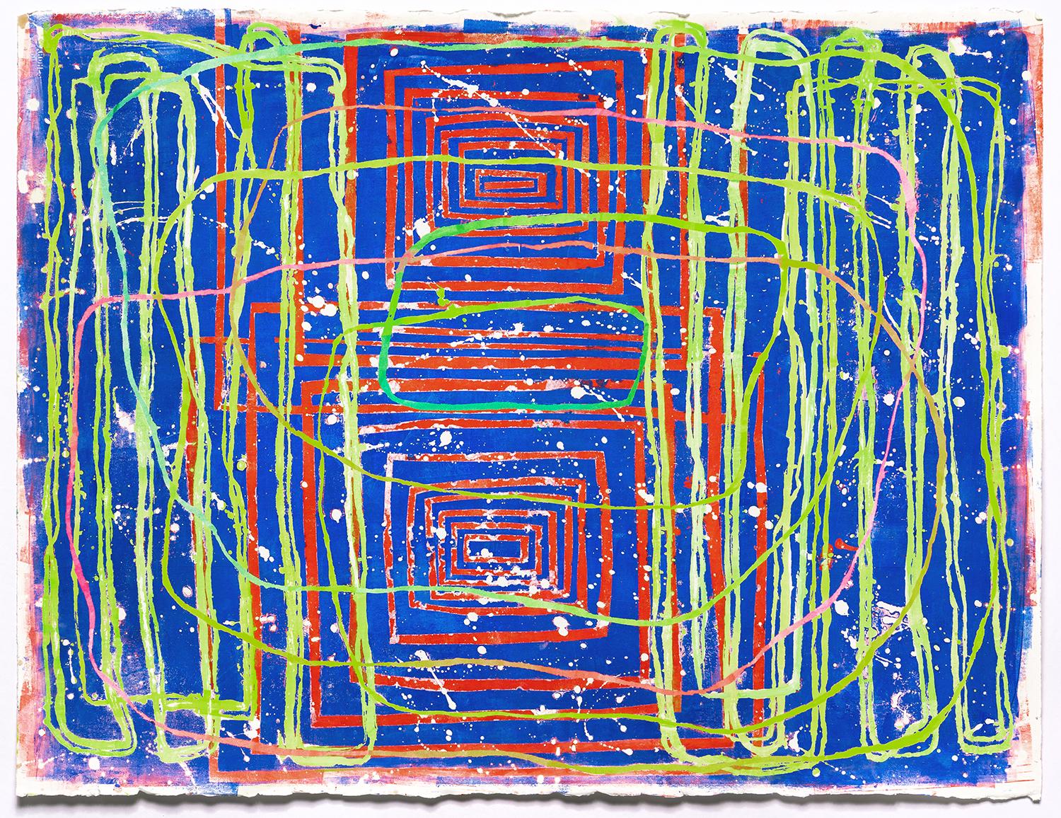 Paula Cahill Abstract Drawing – 0105: zeitgenössisches, abstraktes, gestisches Gemälde mit grünen, roten und rosa Linien auf Blau