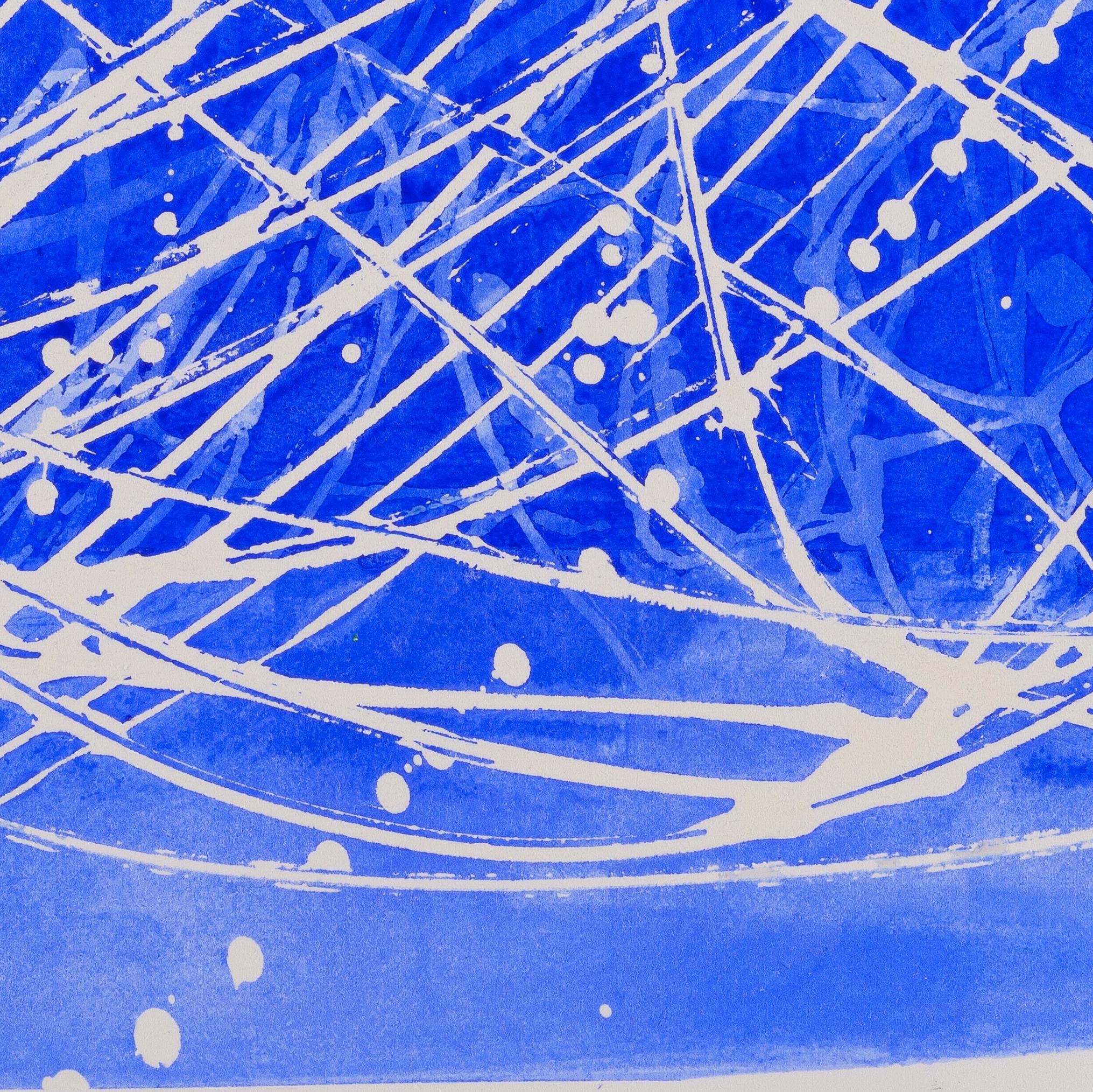 02H20: Blau-weißes abstraktes expressionistisches Gemälde/Zeichnung auf Papier, gerahmt, 02H20 – Art von Paula Cahill