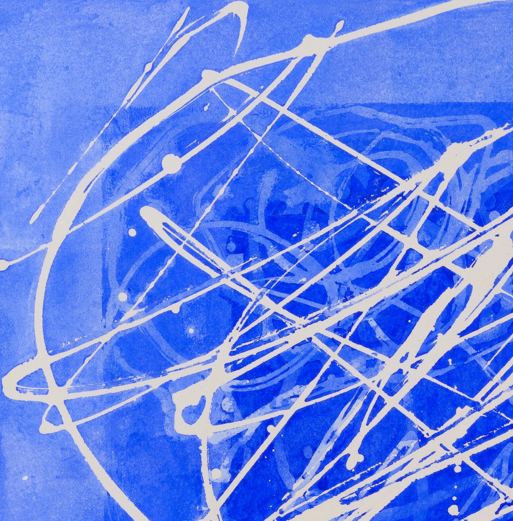 02H20: Blau-weißes abstraktes expressionistisches Gemälde/Zeichnung auf Papier, gerahmt, 02H20 (Abstrakt), Art, von Paula Cahill