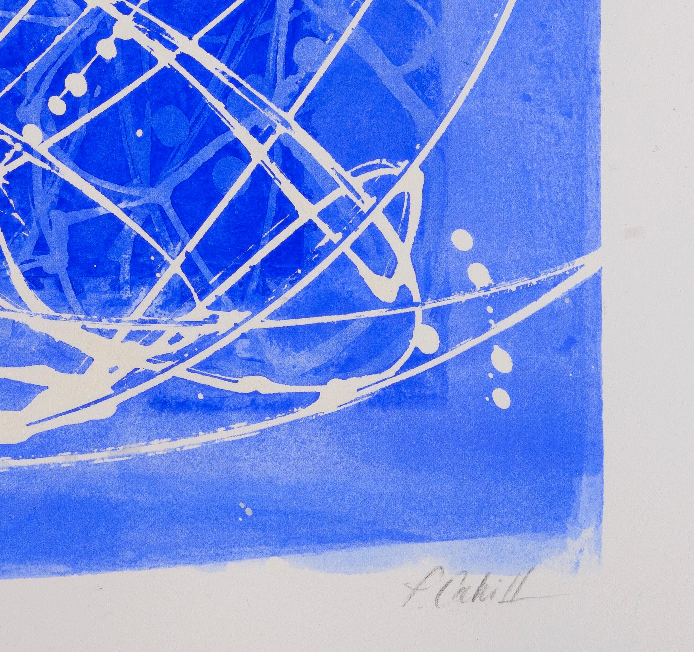 02H20: blue & white abstract expressionism painting/drawing on paper, framed - Abstract Art by Paula Cahill