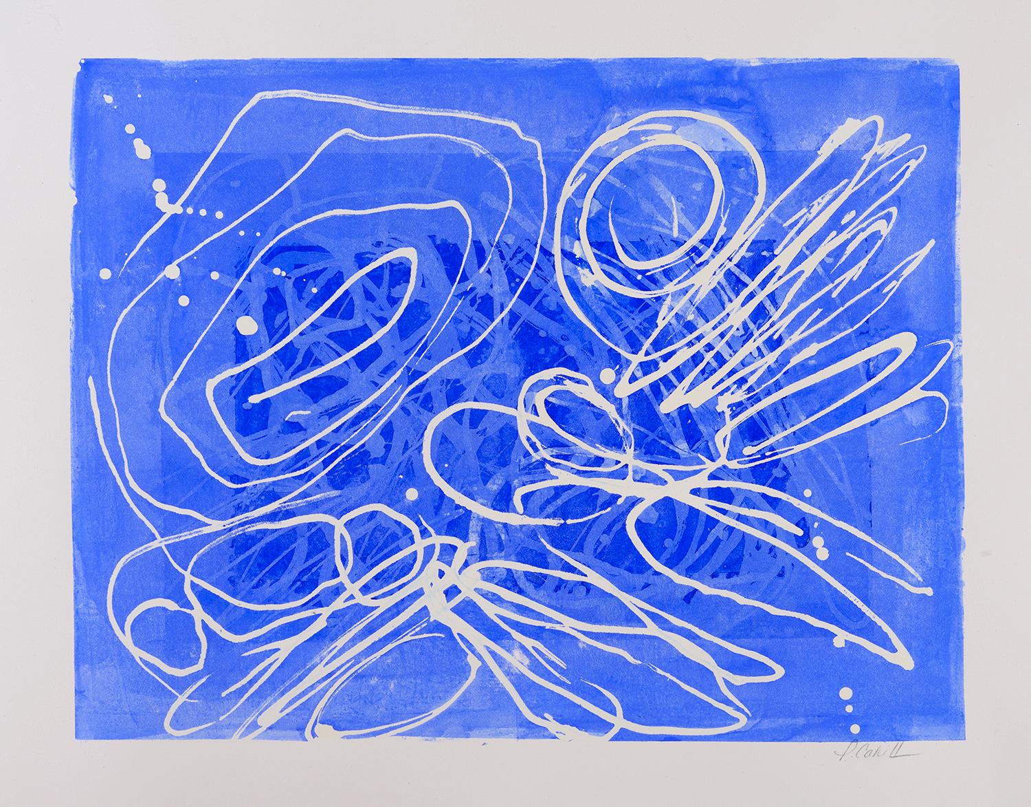 02H20: blue & white abstract expressionism painting/drawing on paper, framed For Sale 2