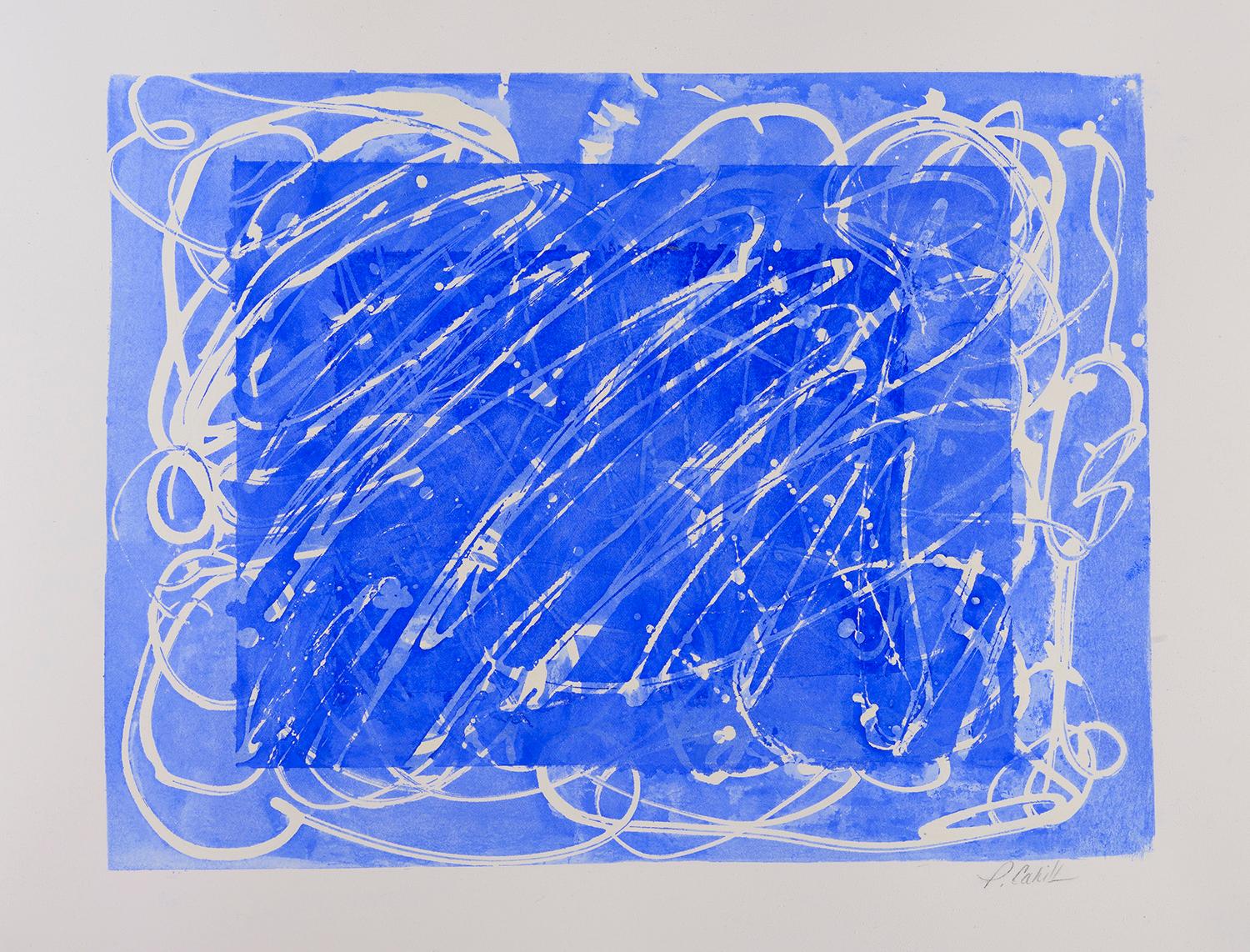 02H20: pittura/disegno di espressionismo astratto blu e bianco su carta, incorniciato in vendita 4
