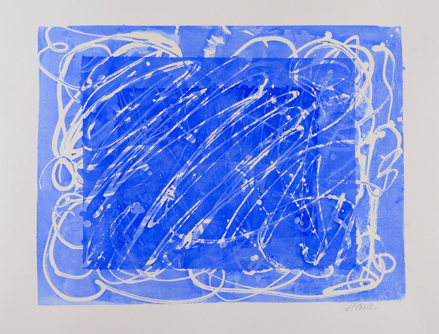 02H20: blue & white abstract expressionism painting/drawing on paper, framed For Sale 3