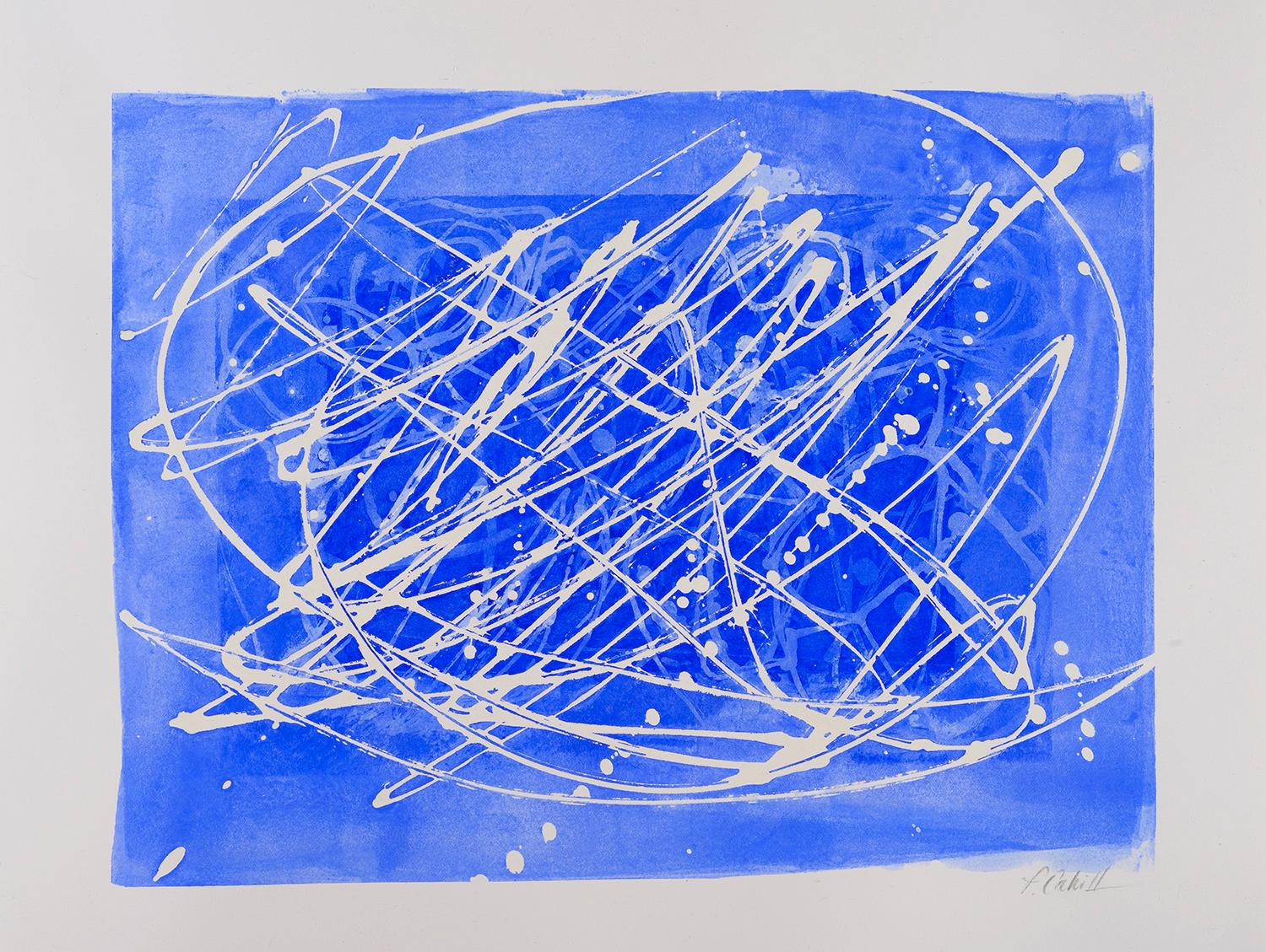 Paula Cahill Abstract Drawing - 02H20: blue & white abstract expressionism painting/drawing on paper, framed