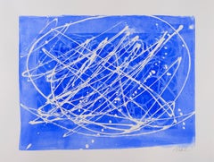 02H20: blue & white abstract expressionism painting/drawing on paper, framed