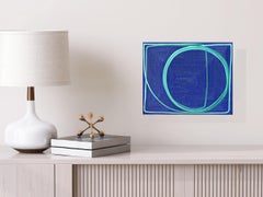 Abstract painting w/ sea green jade aqua turquoise lines & curves on ocean blue