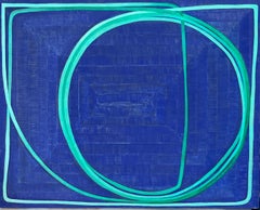 Abstract painting w/ sea green jade aqua turquoise lines 
curves on ocean blue