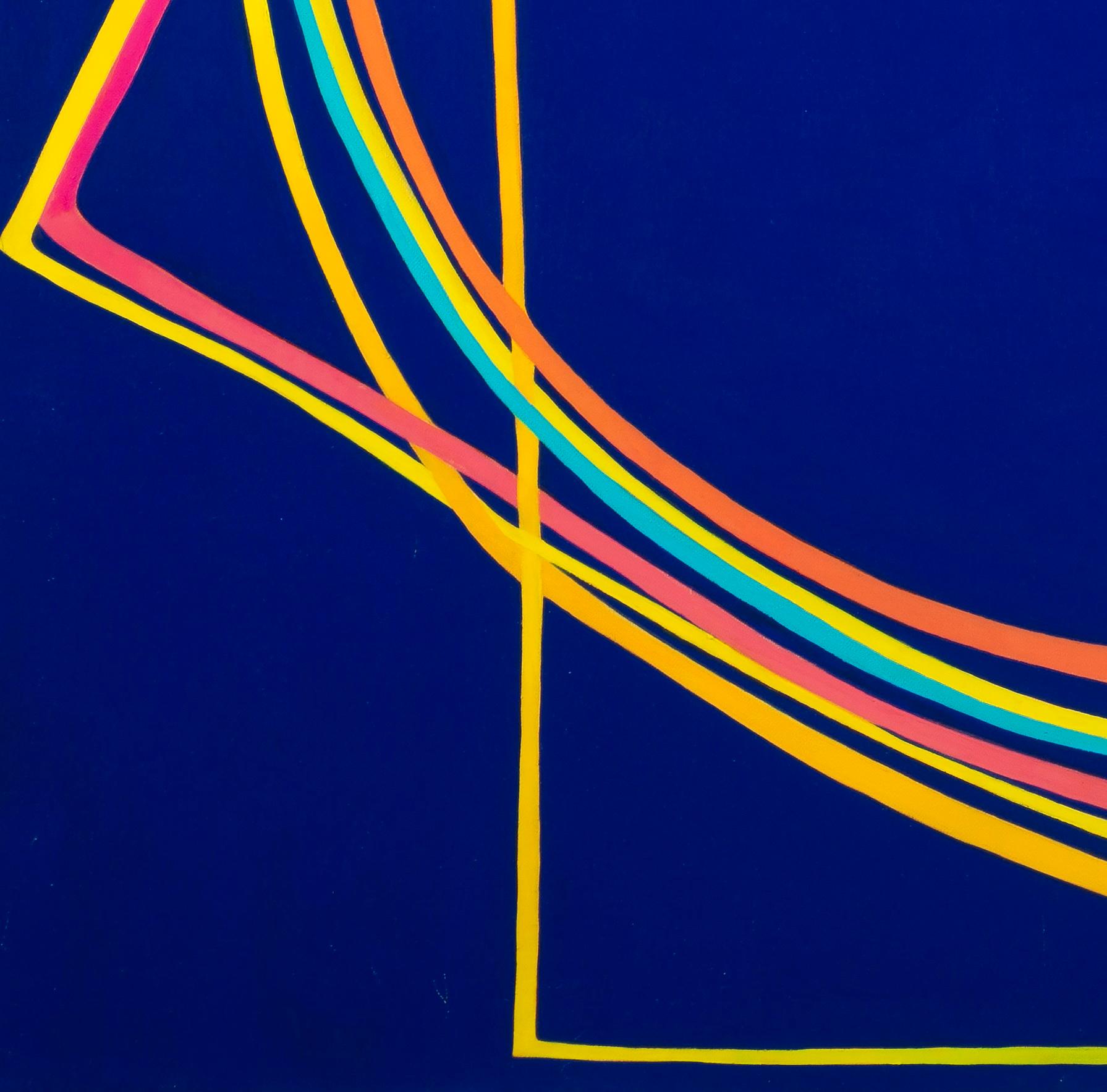 Another One-liner: Large contemporary abstract painting, blue w/ pink, yellow - Painting de Paula Cahill