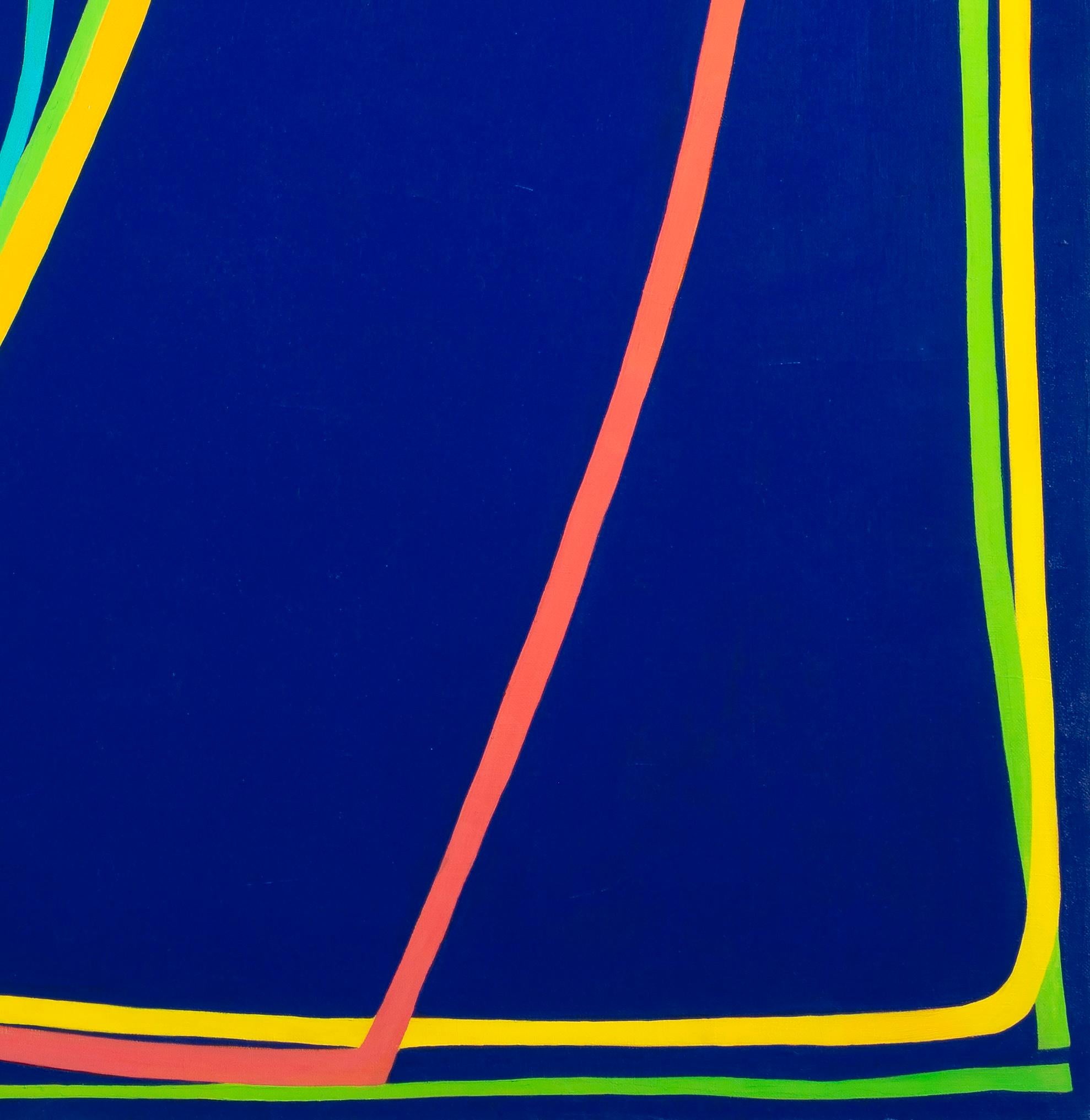 Another One-liner: Large contemporary abstract painting, blue w/ pink, yellow - Abstrait Painting par Paula Cahill