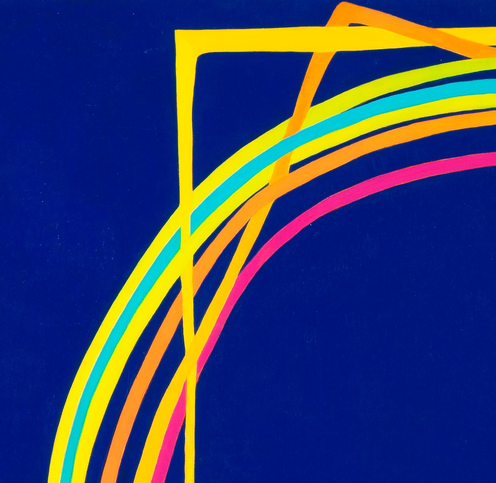 Another One-liner: Large contemporary abstract painting, blue w/ pink, yellow - Violet Abstract Painting par Paula Cahill
