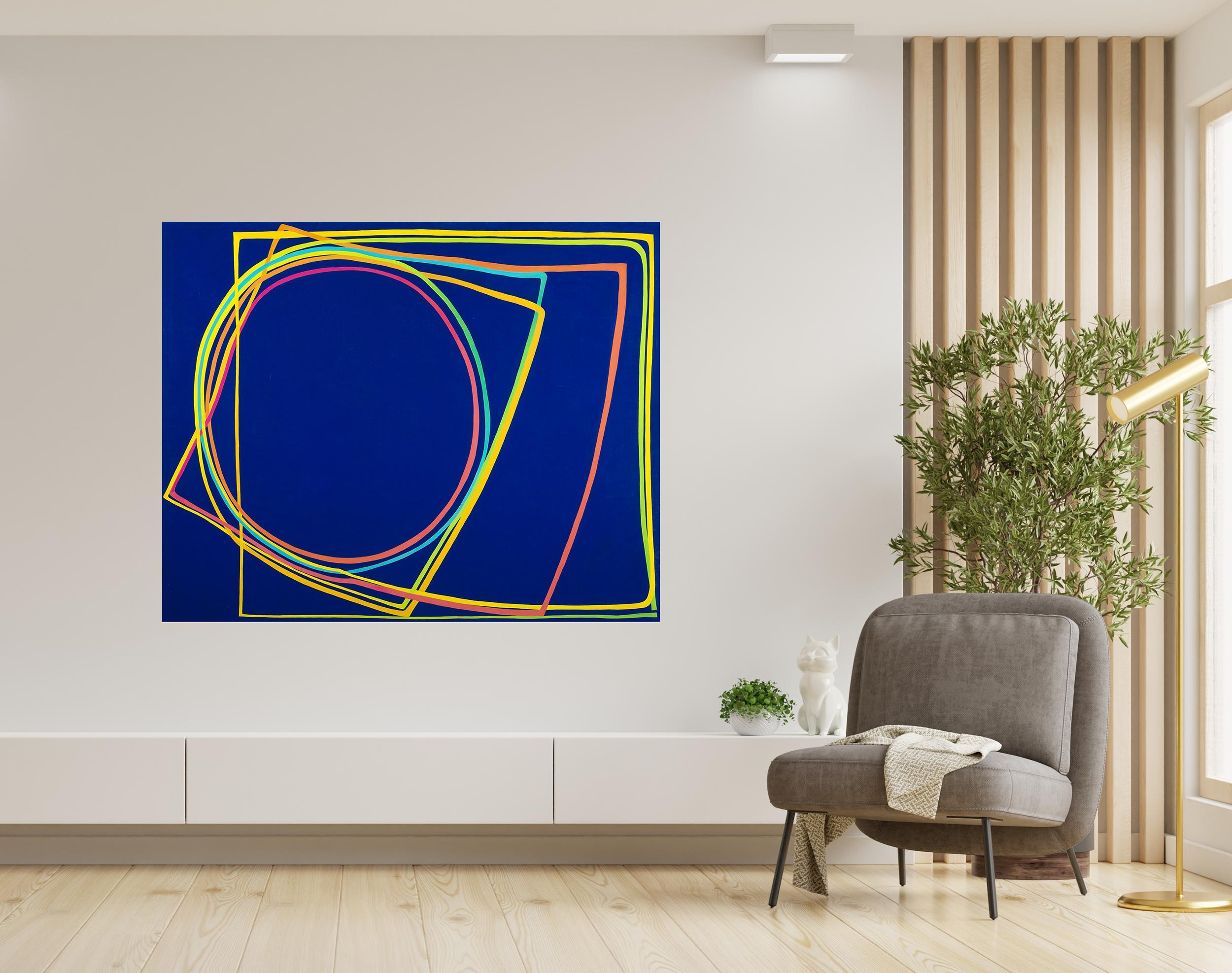Another One-liner: Large contemporary abstract painting, blue w/ pink, yellow en vente 1