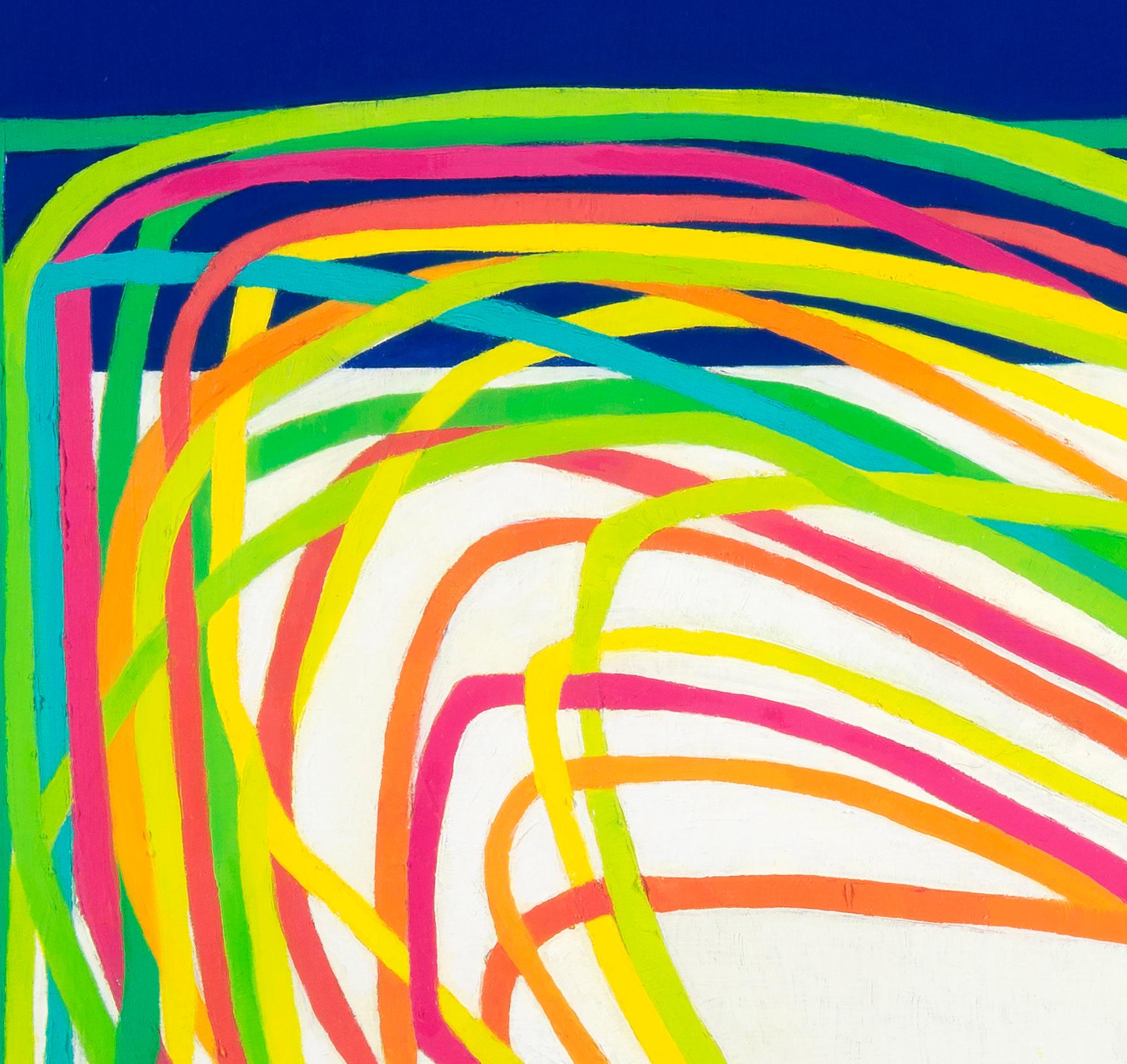 Awry II: Ölgemälde mit grüner, gelber, orangefarbener und rosa Linie auf Meeresblau- und weißer Linie – Painting von Paula Cahill