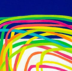 Awry II: oil painting w/ green, yellow, orange & pink line on ocean blue & white