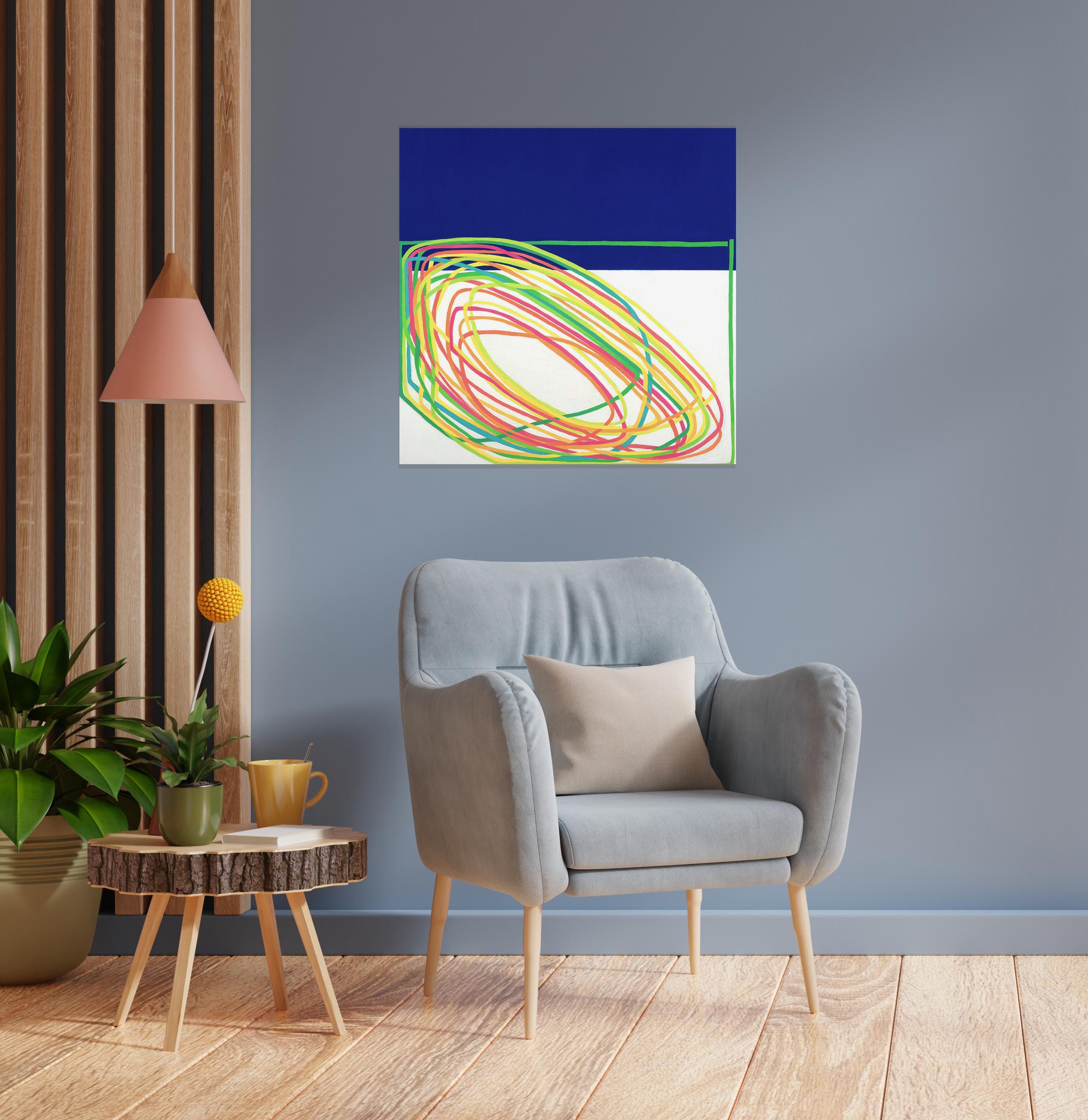 Awry II: oil painting w/ green, yellow, orange & pink line on ocean-blue & white - Abstract Painting by Paula Cahill