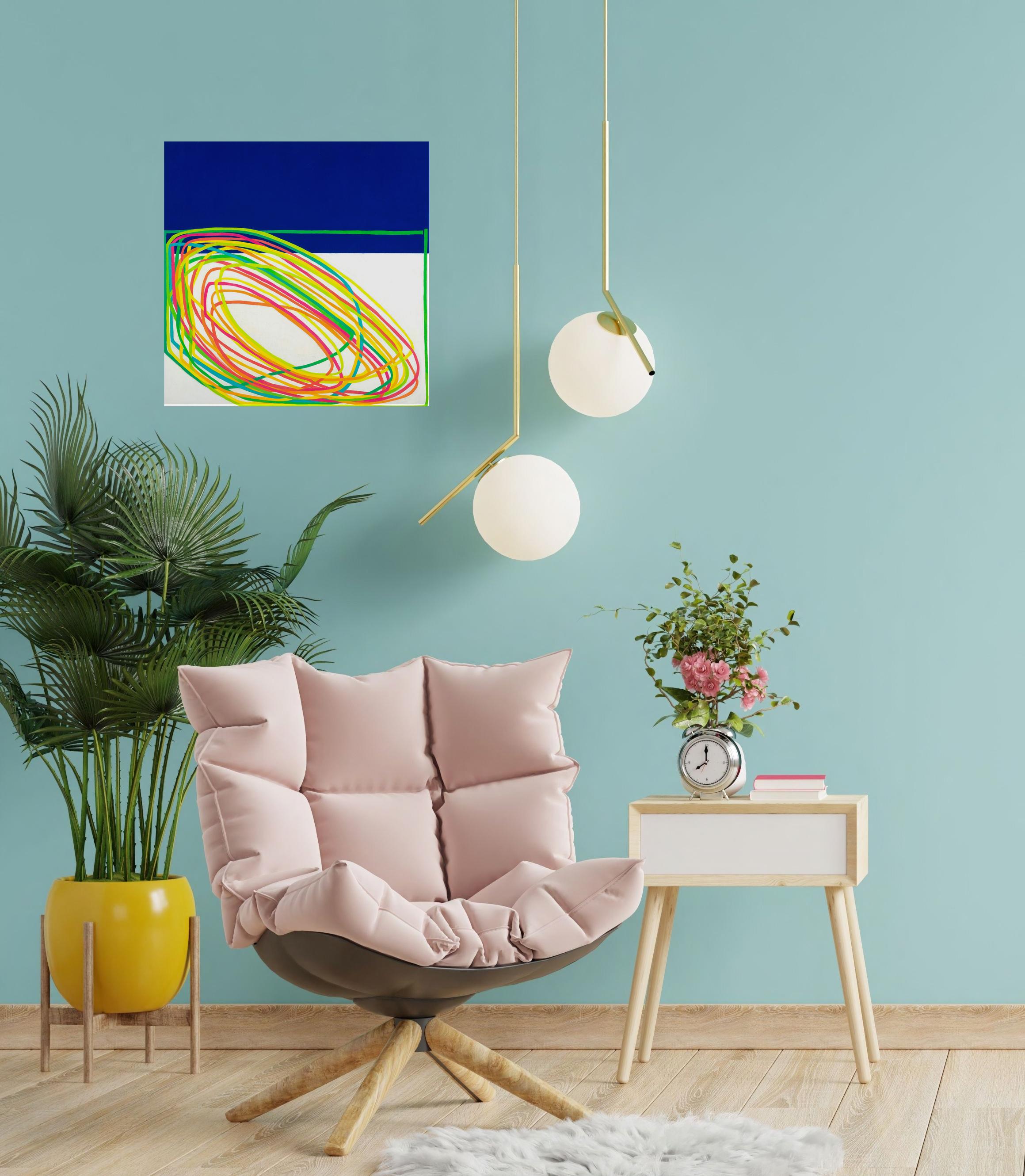 Paula Cahill's linear abstract compositions are often comprised of a single, luminous line that meanders, changes color, and seamlessly connects back to itself. This piece combines Cahill''s signature color-changing line on a white and deep blue