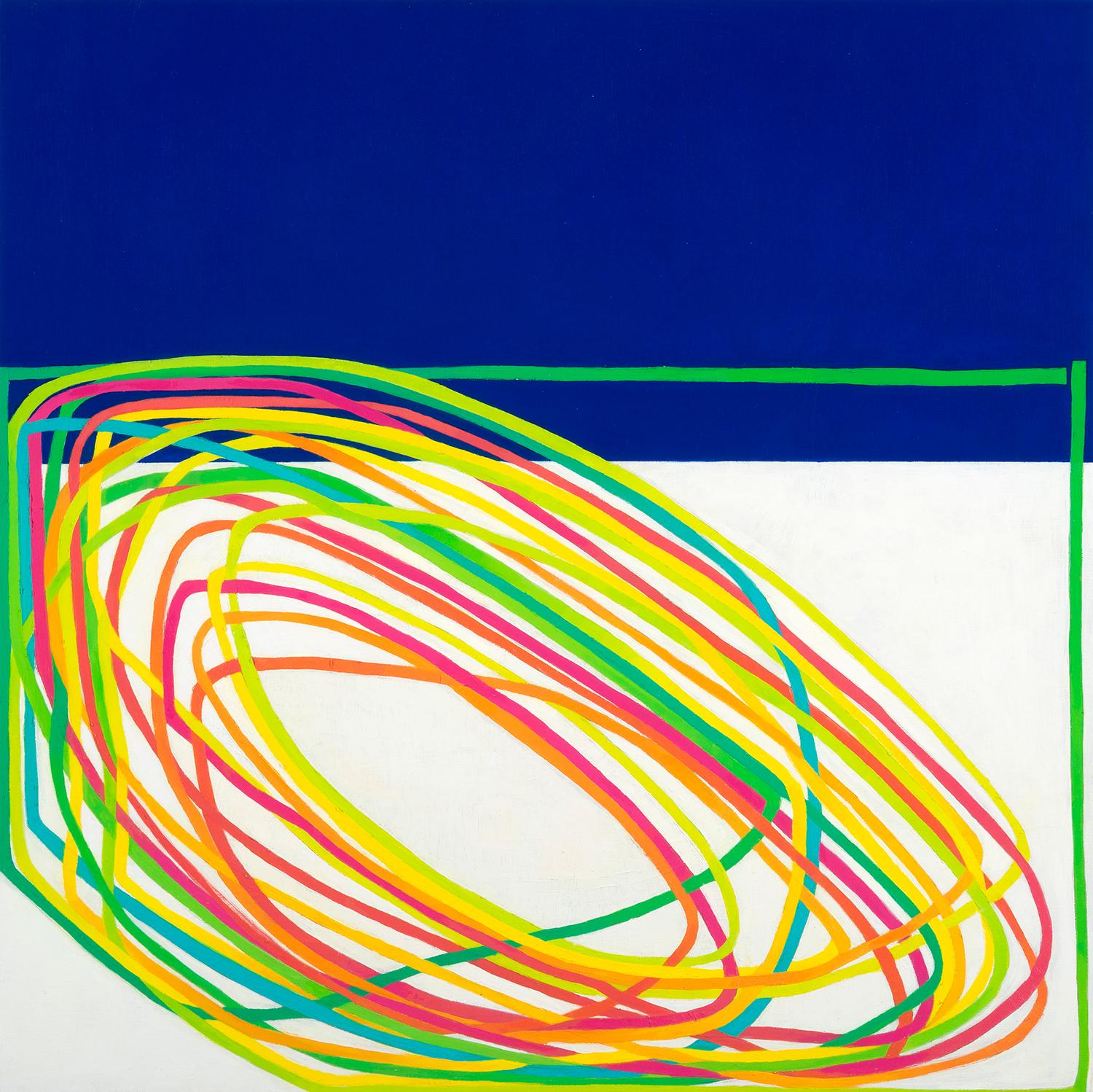 Paula Cahill Abstract Painting – Awry II: Ölgemälde mit grüner, gelber, orangefarbener und rosa Linie auf Meeresblau- und weißer Linie