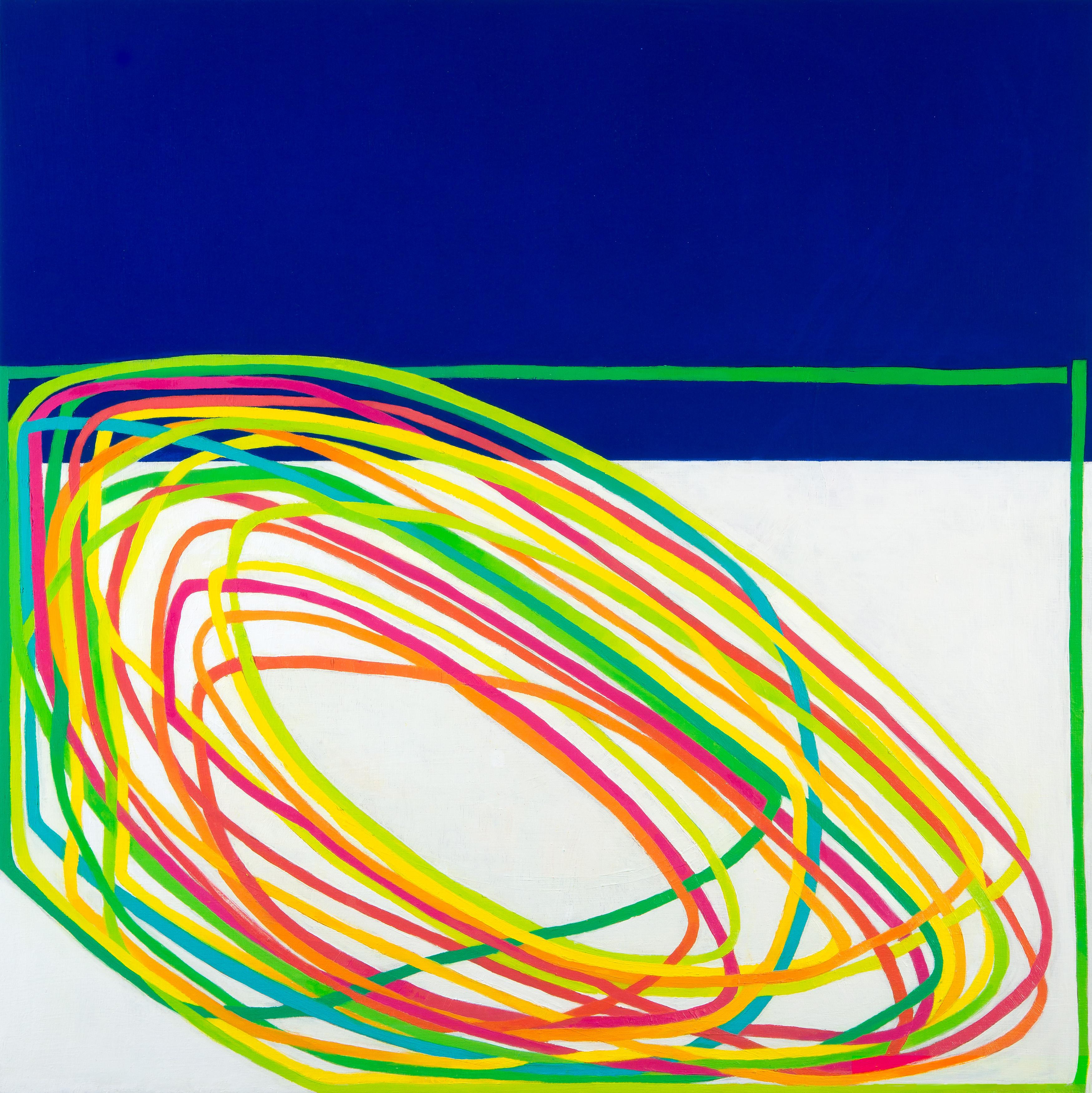 Awry II: pittura a olio con linee verdi, gialle, arancioni e rosa su sfondo blu e bianco.