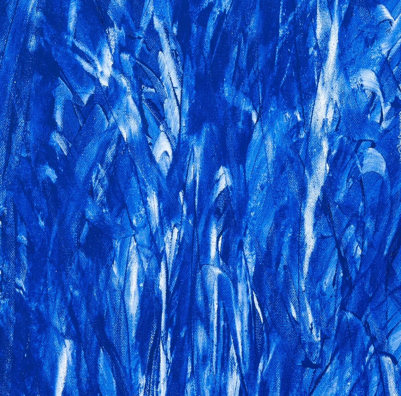 Base -- contemporary abstract oil painting w/ blue & white gestural lines - Painting by Paula Cahill
