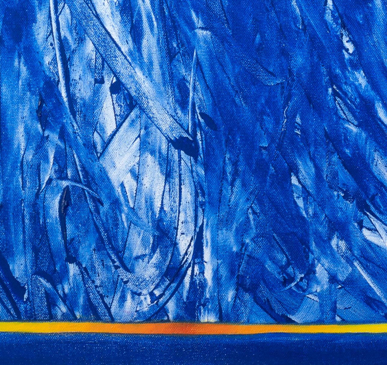 Base -- contemporary abstract oil painting w/ blue & white gestural lines - Abstract Expressionist Painting by Paula Cahill