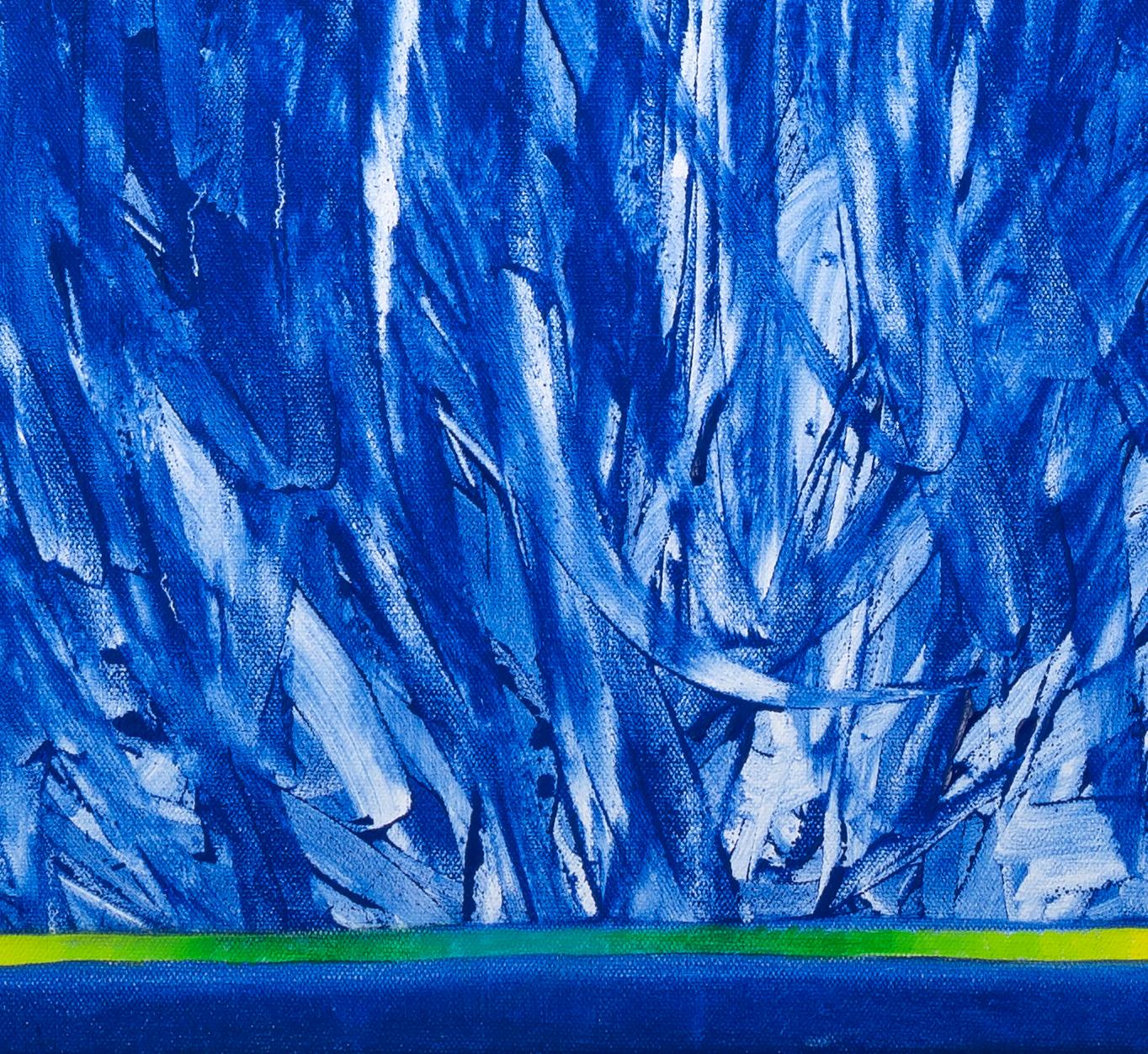 Base -- contemporary abstract oil painting w/ blue & white gestural lines - Blue Abstract Painting by Paula Cahill