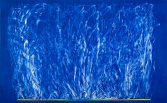 Base -- contemporary abstract oil painting w/ blue & white gestural lines