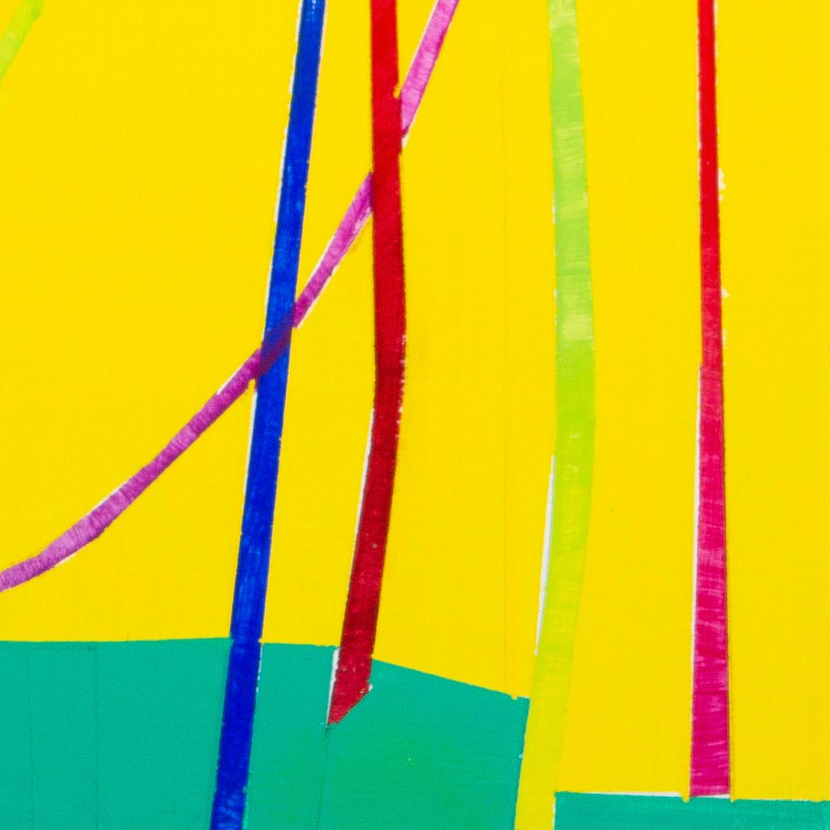 Bikini Catenary: panel painting w/ multi-colored arc lines on yellow & green - Painting by Paula Cahill