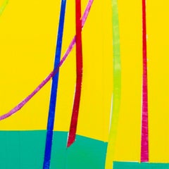 Bikini Catenary: panel painting w/ multi-colored arc lines on yellow & green