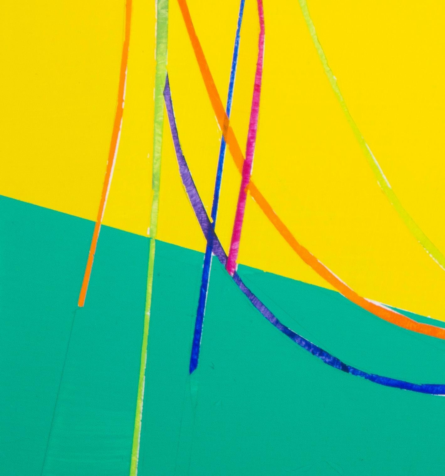 Bikini Catenary: panel painting w/ multi-colored arc lines on yellow & green - Yellow Figurative Painting by Paula Cahill