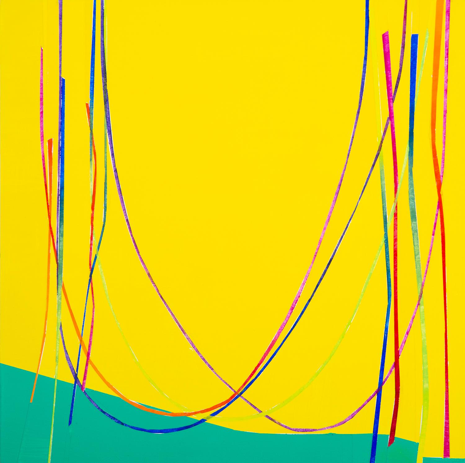 Bikini Catenary: panel painting w/ multi-colored arc lines on yellow & green