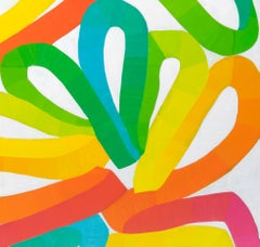 Cartouche: abstract painting w/ blue green yellow orange red pink lines on white