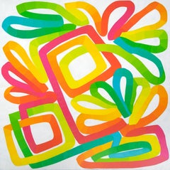 Cartouche: abstract painting w/ blue green yellow orange red pink lines on white