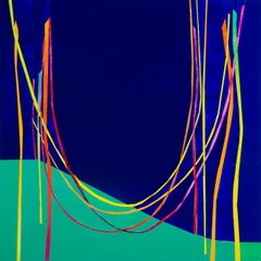 Catenaries & Corner II: panel painting w/ multi-colored arc lines, green & blue