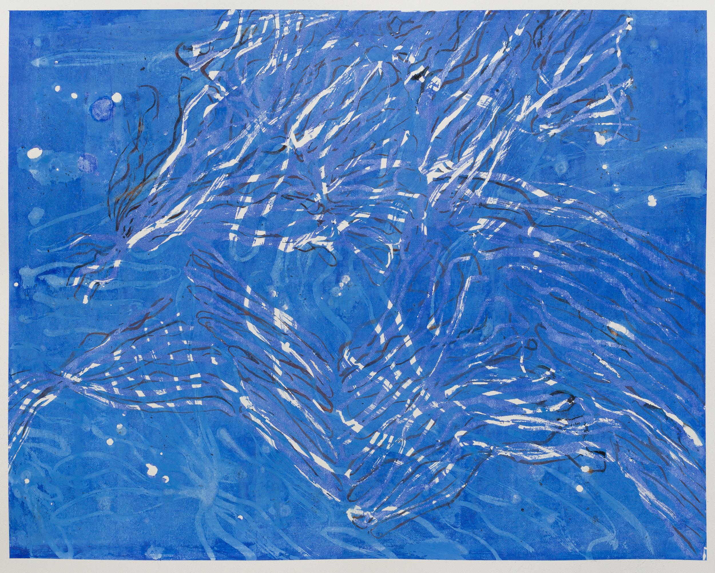 Paula Cahill Abstract Drawing - Current II -- contemporary abstract blue & white gestural painting of sea life
