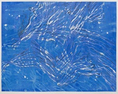 Actual II -- pintura gestual contemporánea abstracta azul y blanca de vida marina