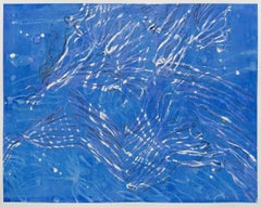 Current II -- contemporary abstract blue & white gestural painting of sea life