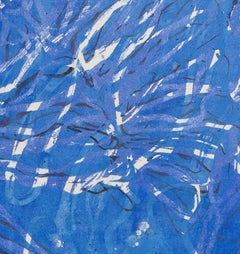 Aktuell II: Gerahmtes zeitgenössisches abstraktes Gemälde in Blau und Weiß auf Papier, Meer
