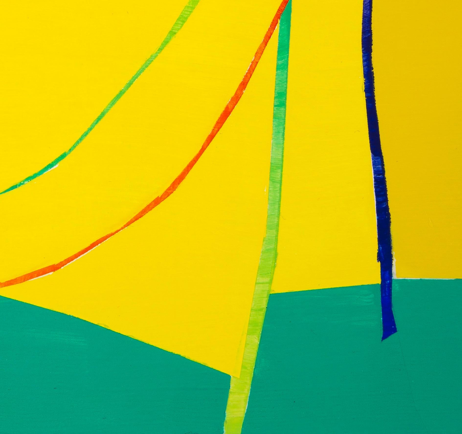 Double Catenary: panel painting w/ multi-colored arc lines on yellow & green - Painting by Paula Cahill